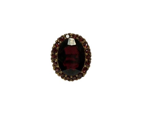 1970s 9ct gold garnet cluster cocktail ring (London 1973), size M½Weight 9.8 gramsCluster measures 23mm x 20mm in total. 