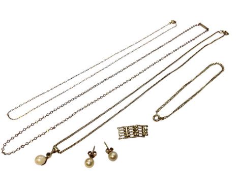 Cultured pearl pendant in 9ct gold setting on 18ct gold chain, pair of cultured pearl stud earrings and three 9ct gold chains