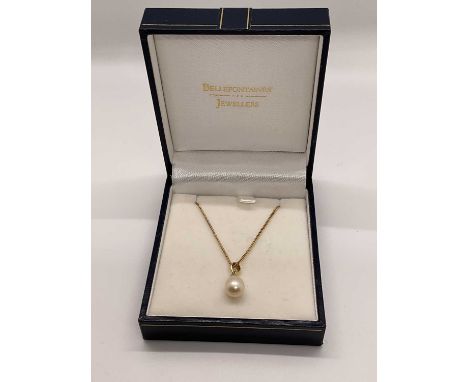 Cultured pearl and diamond pendant in gold setting and on a 9ct gold chain, 40cm longChain weighs 2.3g.