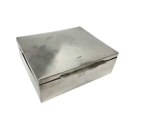 Early 20th century silver cigarette box, the lid of domed form with engraved gothic monogram, wooden lined (probably Sheffiel