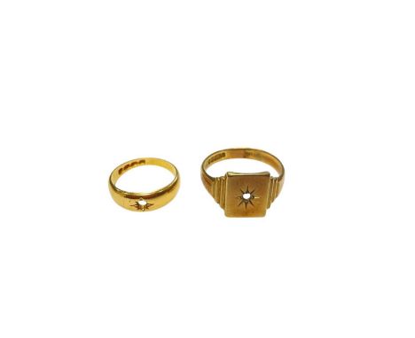 18ct gold ring and 9ct signet ring (both missing stones)18ct gold ring weighs 3.4 grams9ct gold ring weighs 4.1 grams