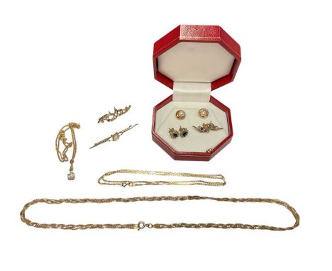 Group of 9ct gold jewellery to include three chains, two brooches and three pairs of gem set earringsTotal weight 20.2 grams