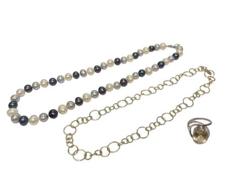 Silver gilt circular link necklace, 40cm long, cultured pearl necklace, 45.5cm long and an abstract silver and citrine ring, 