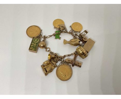 9ct gold charm bracelet with a collection of 9ct gold charms, together with two gold full sovereigns and two gold half sovere