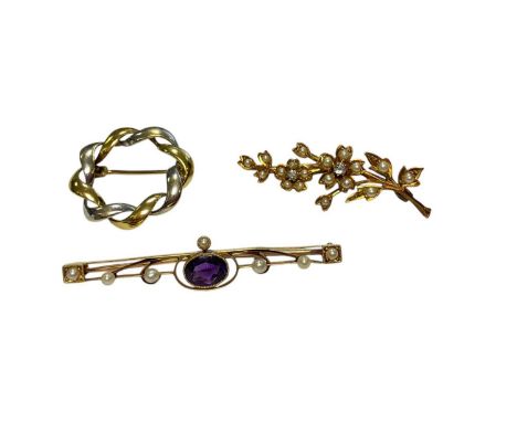 Edwardian gold diamond and seed pearl floral spray brooch, Edwardian 15ct gold amethyst and seed pearl brooch and a yellow an