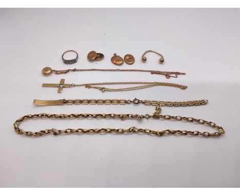 Group of gold and yellow metal jewellery including a yellow metal chain, a 9ct cross on yellow metal chain, 9ct bracelet two 