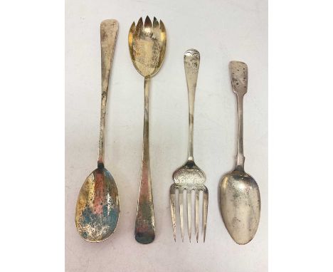 Pair of Edwardian silver salad servers (Chester 1906), Edwardian silver fish fork (Sheffield 1906) and Victorian silver table