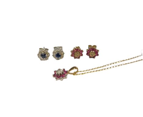Pair of sapphire and diamond cluster earrings in white gold setting, a pair of 9ct gold ruby and diamond cluster earrings and