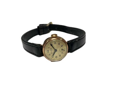 Anker 9ct gold Rolex case ladies wristwatch, 21mm diamater, on black leather strapTotal weight 13.4 grams.The case has Glasgo
