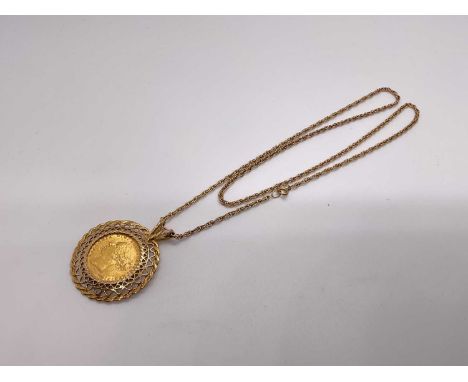 Victorian gold full sovereign, 1884, in gold pendant mount on chainTotal weight 20.3g.