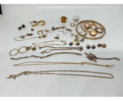 Group of gold and yellow metal jewellery to include bangle, rings, chains etcTotal weight approx 82g, to include 55.6g of 9ct