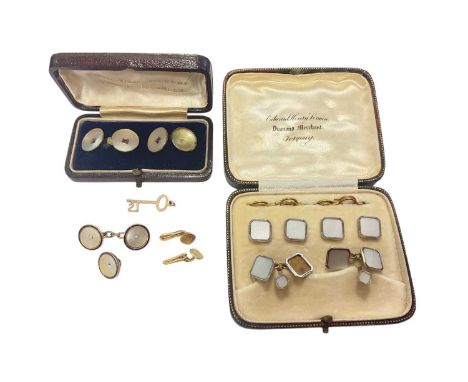 Art Deco 9ct and 18ct gold dress stud and cufflink set with mother of pearl panels, other cufflinks, pair of gold (750) studs