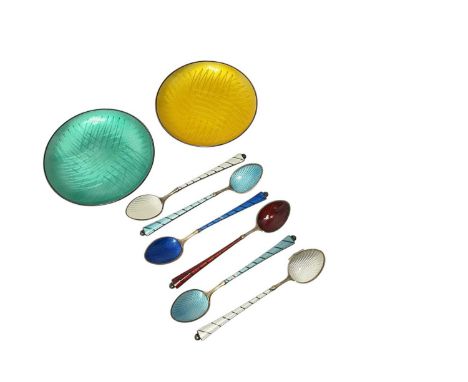 Set of six contemporary Danish silver spoons, with guilloche enamel decoration, together with two, similarly enamelled, silve