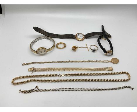 Group of gold jewellery and watches, including 9ct and yellow metalOne watch with expandable bracelet and 9ct case. The other