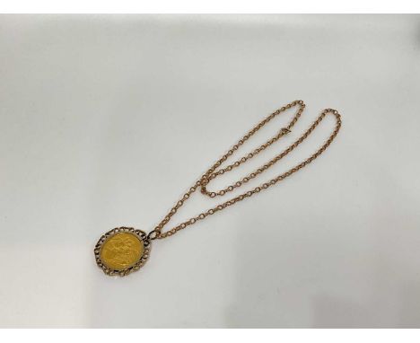 Gold full sovereign dated 1910, in gold pendant mount on chainTotal weighs 24.1g.