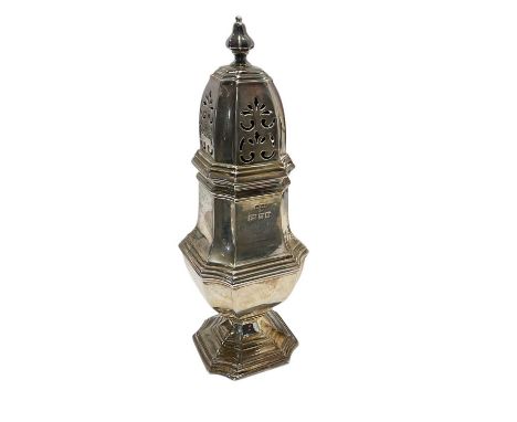 Contemporary silver sugar caster of octagonal form, with reeded borders and pierced slip in cover, (London 1973), maker A. Ch