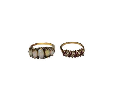 Opal five stone ring with diamond chip accents on a yellow metal shank and 9ct gold opal and pink stone two row dress ring (L