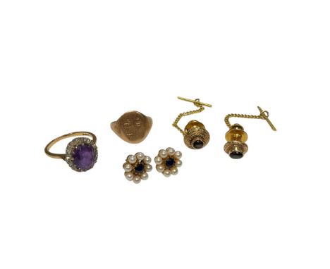 9ct gold amethyst and diamond cluster ring, pair of 9ct gold sapphire and cultured pearl earrings, two tie pins (both stamped