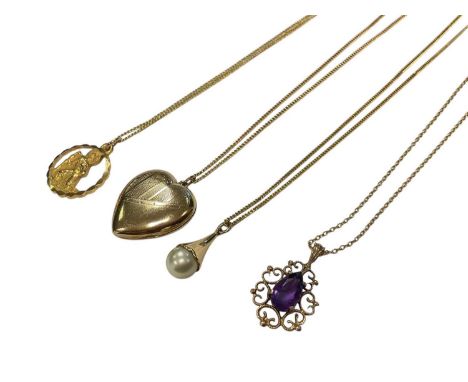 Four 9ct gold pendants on 9ct gold chains including a heart shaped locket, St. Christopher, cultured pearl and an amethystTot