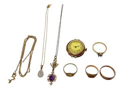 Group of gold and yellow metal jewellery to include 9ct gold watch, 9ct gold ring, two yellow metal rings, 18ct gold ring (st