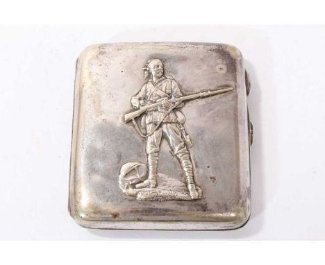 Boer War Interest: Late Victorian silver plated cigarette case with embossed decoration depicting 'A Gentleman in Kharki' fro