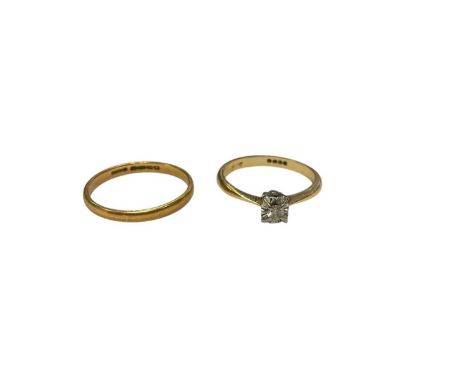 22ct gold wedding ring (Birmingham 1939) and 18ct gold diamond single stone ring (London 1971), both size O½ (2)22ct gold rin