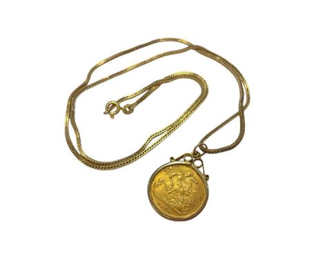 Victorian gold half sovereign, 1896, in 9ct gold pendant mount on 9ct gold chain, 56.5cm longTotal weight 9.5 grams.