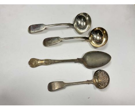Pair of Victorian silver fiddle pattern sauce ladles, vicotiran silver sugar sifter spoon and a kings pattern table spoon, al