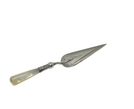 Victorian style silver book trowel with mother of pearl handle, stamped silver, 9.5cm long