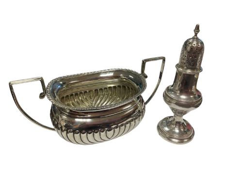 George III silver sugar castor (London 1800), and an Victorian silver sugar basin, by Nathan &amp; Hayes (Chester 1895) (2)

