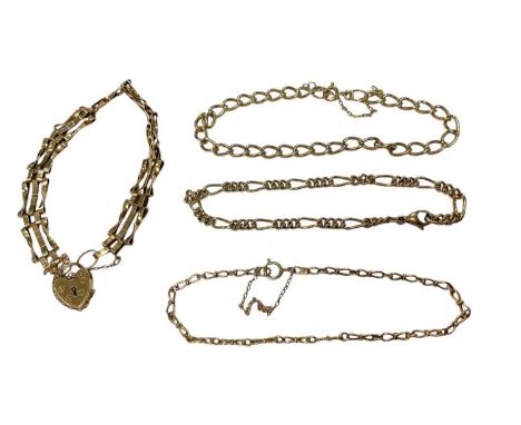 9ct gold gate bracelet with padlock clasp and three other 9ct gold bracelets (4)Total weight 19.4 grams
