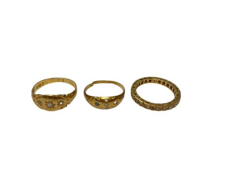 Three antique and later 18ct gold rings to include diamond three stone ring (Chester 1906), size Q, one other diamond set rin