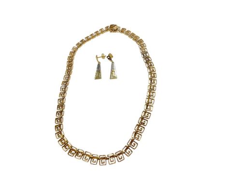 Yellow metal Greek Key design necklace (marked 585), 40cm long, and a pair of yellow and white metal earringsNecklace is stam