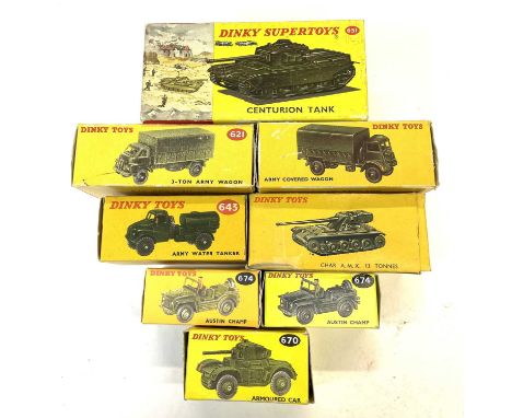 Mixed lot of Dinky die-cast military vehicles in original boxes. To include: - 651 Centurion Tank - 621 3 Ton Army Wagon - 62