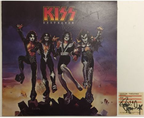 KISS SIGNED. Two pieces of Kiss memorabilia to include a copy of Kiss - Destroyer (CBC 4008) signed to front of sleeve in bla