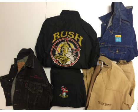 TOUR JACKETS/CLOTHING - RUSH/BILLY BRAGG ETC. Five original pieces of clothing to include: a blue denim men's Levi jacket siz