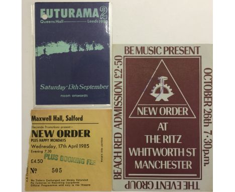 NEW ORDER TICKETS. Three original tickets to include: stamped New Order ticket for a concert at the Ritz, 26th October 1981, 