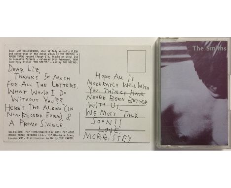 MORRISSEY HANDWRITTEN POSTCARD AND SMITHS TAPE. An original Rough Trade promotional postcard with handwritten note to verso i