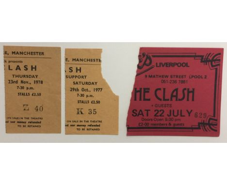THE CLASH TICKET STUBS. Three original Clash ticket stubs from events to include: Sat 29th Oct 1977 and Thurs 23rd Nov 1978, 