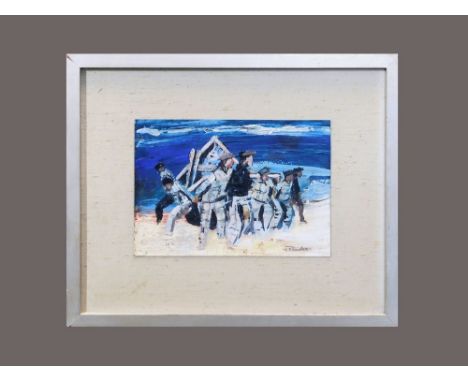 JACK PENDER. * Fisherman Hauling the Boat. Mixed media on card. Signed. 17 x 14.5cm. (Abbey Framers, New Street, Penzance lab