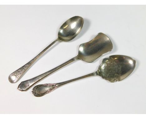 SILVER SPOONS ETC. An engraved silver preserves spoon & a teaspoon. Also, an EPNS, New Zealand Shipping Company caddy spoon b