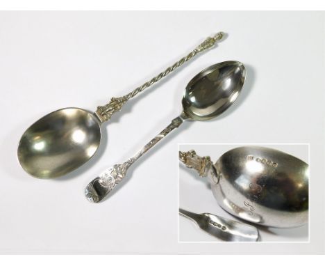 SILVER SPOONS. A Victorian silver spoon with cast stem & figural finial, the bowl reverse engraved with initials. William Hut