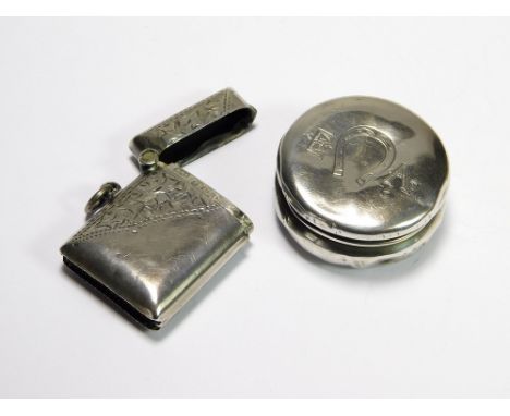 VESTA AND BOX. An engraved silver vesta case, Birmingham 1910. Also, a Victorian small box, the lid with engraved horseshoe &