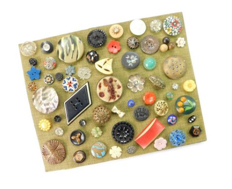 BUTTONS. A well-filled card of various buttons, including painted wood, laminated celluloid, glass, cut steel, abalone shell 
