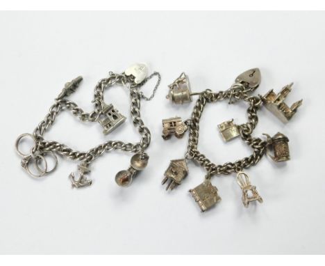 CHARM BRACELETS. Two silver curb link bracelets, each with a padlock clasp & hung with a variety of charms. Condition Report: