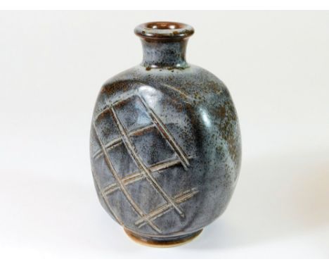 JOHN LEACH. A John Leach, Mulcheney Pottery bottle vase with cross hatching decoration each side. Impressed personal, Pottery