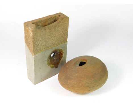 ROGER VEAL. A Roger Veal, Newlyn sculptural slab vase, height 19.5cm, unmarked & an unglazed & unmarked, pebble shaped vessel