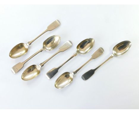 SILVER SPOONS. A set of six Victorian , Irish silver, fiddle back, rat-tail teaspoons by John Smyth, Dublin 1888. Each initia