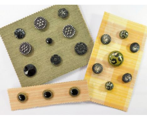 BUTTONS. Three cards of various buttons, including brass & black glass, black glass & lustred black glass & Art Deco celluloi