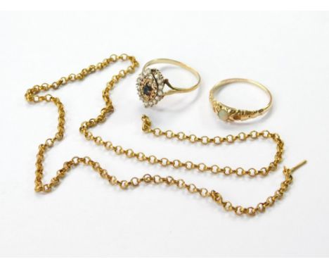 GOLD RINGS ETC. A Victorian opal-set ring, dated inside the shank '1893'. Also, a broken chain necklace & a 9ct. gold navette